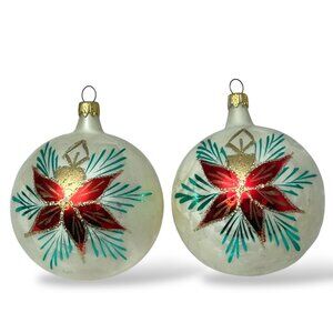Vintage Glass Christmas Ornaments Set of 2 Poinsettia 2.75" Round Columbia